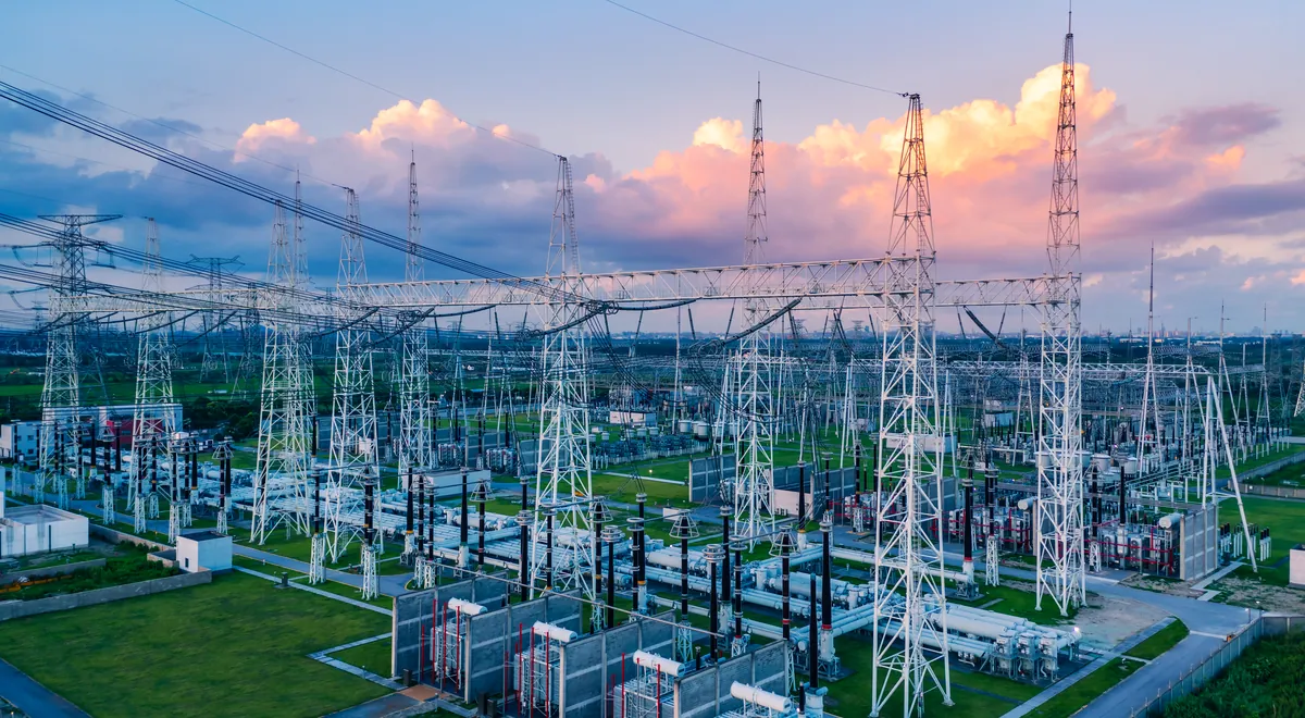 High voltage substation at dusk